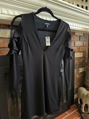 Express Black Cold-Shoulder Ruffle V-Neck Mini Dress